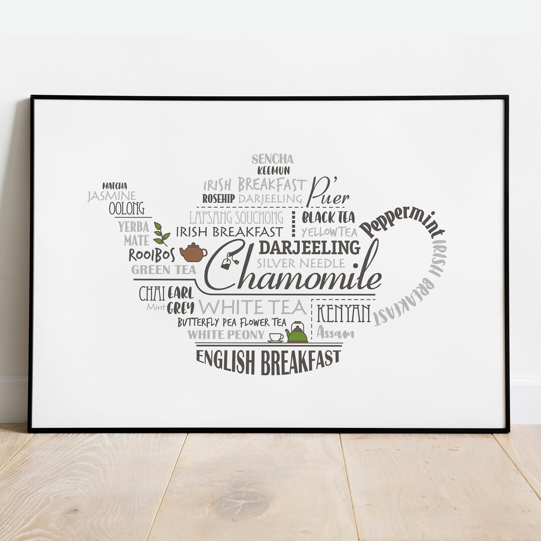 Teapot Word Art, Tea Drinkers Kitchen Wall Art Giclée Print, Framed