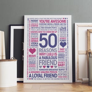 50 Reasons, Personalized Friend Gift: Giclée Print, Frame, Canvas or Digital File