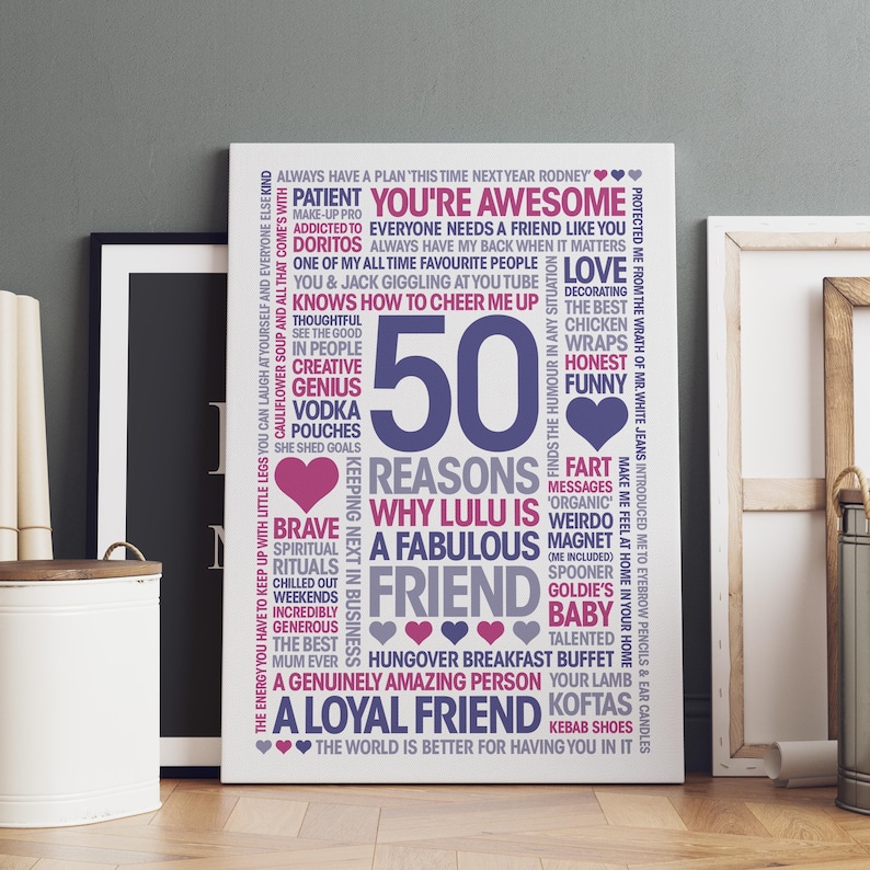 50 Reasons, Personalized Friend Gift: Giclée Print, Frame, Canvas or Digital File