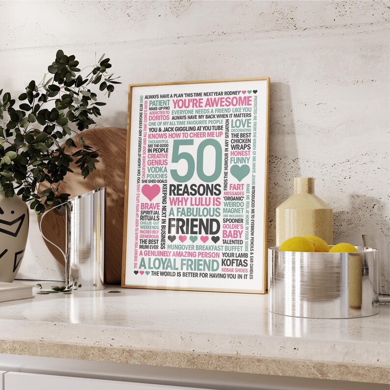 50 Reasons, Personalized Friend Gift: Giclée Print, Frame, Canvas or Digital File