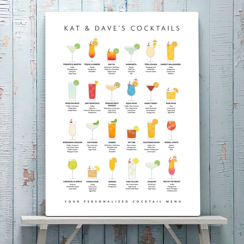 Example Personalised Cocktail Menu Personalized Cocktail Menu Art: Print, Frame, Canvas or Digital File - Etsy