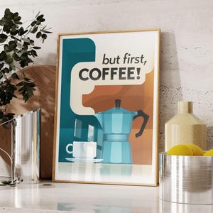 Men först kaffetryck, retro mitten av århundradet modern köksväggkonst, mokakannadekor