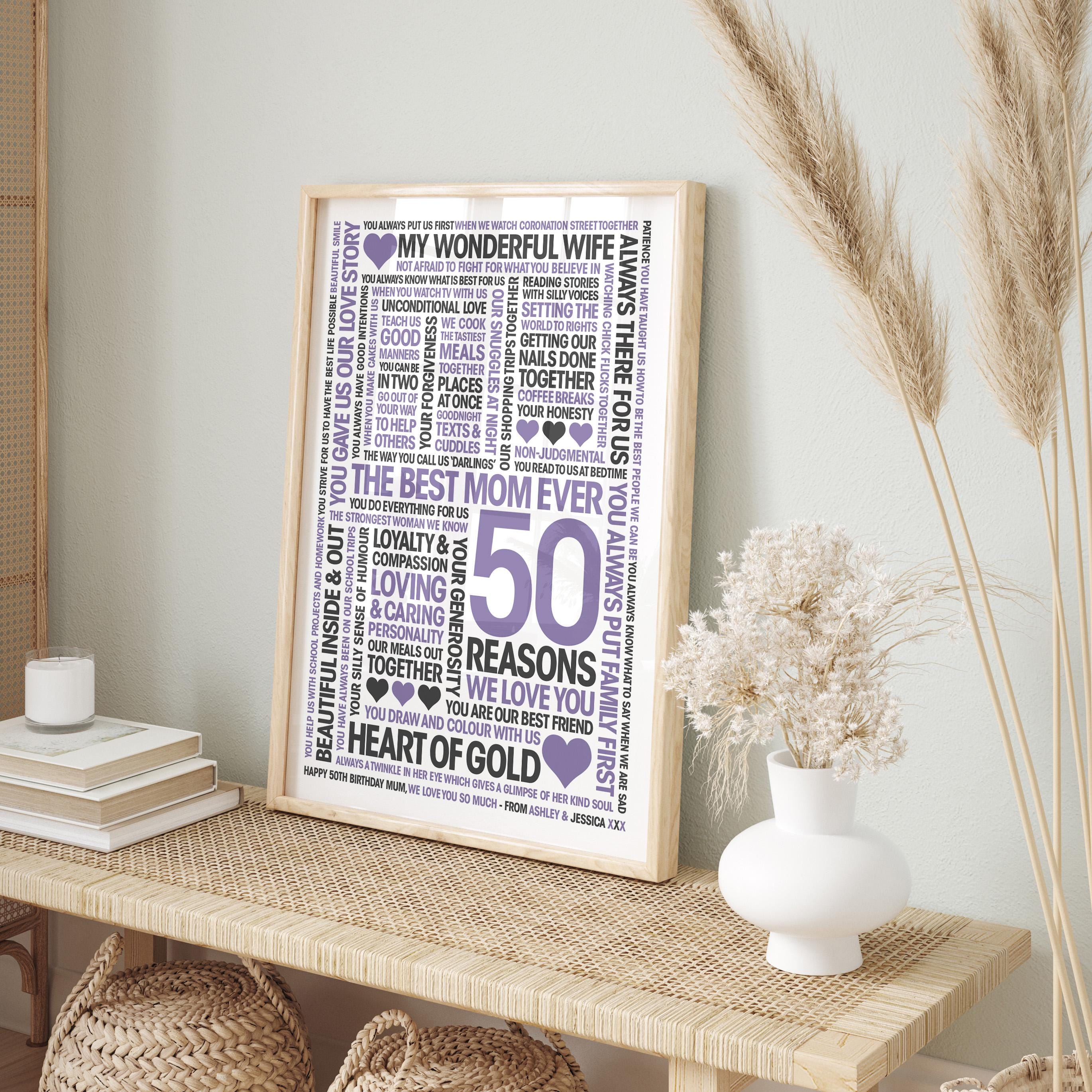 50 Reasons We Love You, Personalized Mum/Gran Birthday: Print, Frame, Canvas or File