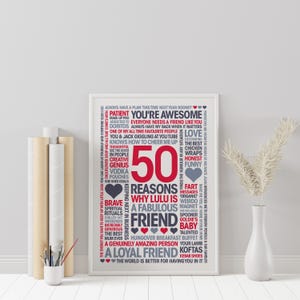 50 Reasons, Personalized Friend Gift: Giclée Print, Frame, Canvas or Digital File