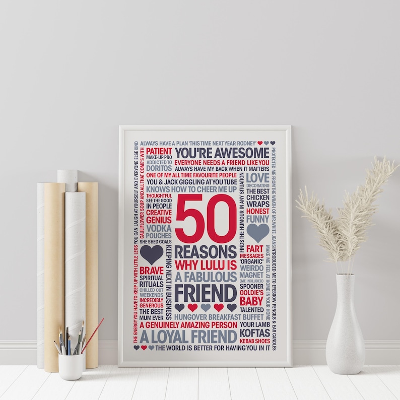 50 Reasons, Personalized Friend Gift: Giclée Print, Frame, Canvas or Digital File