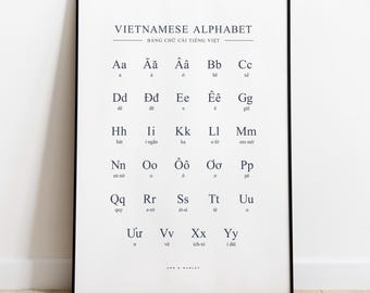 May include: A framed wall poster featuring the Vietnamese alphabet in black text on a white background. The print displays uppercase and lowercase letters with their corresponding pronunciations, titled VIETNAMESE ALPHABET and BẢNG CHỮ CÁI TIẾNG VIỆT.