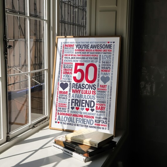 50 Reasons, Personalized Friend Gift: Print, Frame, Canvas or Digital File
