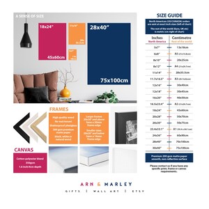 The image is a size guide for North American and Canadian orders, providing dimensions and measurements for various items such as frames, canvas, and other products.