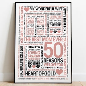 50 Reasons We Love You, 50th Birthday Gift - Giclée Print, Frame, or Canvas