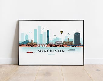 Arte de parede com o horizonte do Manchester City: impressão ou impressão emoldurada