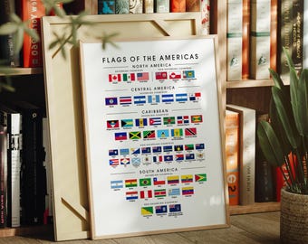 Pode incluir: Um cartaz branco emoldurado intitulado Flags of the Americas apresentando uma grade de bandeiras nacionais coloridas organizadas por região, incluindo América do Norte, América Central, Caribe e América do Sul com etiquetas de texto.