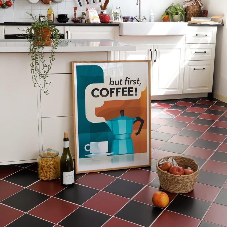 Moka Pot Print Gift, But First Coffee!, Italian Espresso Coffee, Retro Kitchen Wall Art - Giclée Print, Framed Print, or Stretched Canvas