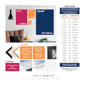 The image is a size guide for North American and Canadian orders, providing dimensions and measurements for various items such as frames, canvas, and other products.