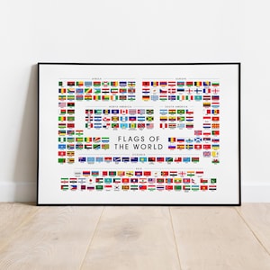 May include: A framed wall art print titled FLAGS OF THE WORLD, featuring a comprehensive grid of national flags organised by continent, including Africa, Europe, North America, South America, Oceania, and Asia, all displayed on a white background.