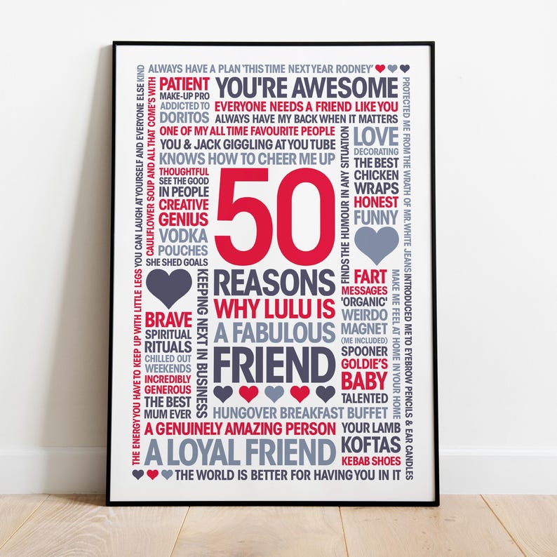 50 Reasons, Personalized Friend Gift: Giclée Print, Frame, Canvas or Digital File