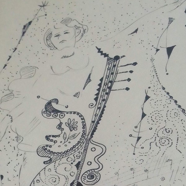 Dessin encre de chine :Femme au violoncelle