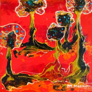 Tableau contemporain à la laque " Le verger"