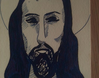 Dessin à l'encre bleue:Tête de Christ, étude pour tableau