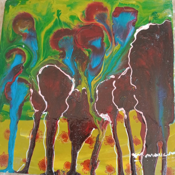 Petit tableau contemporain laqué : Arbres au crépuscule