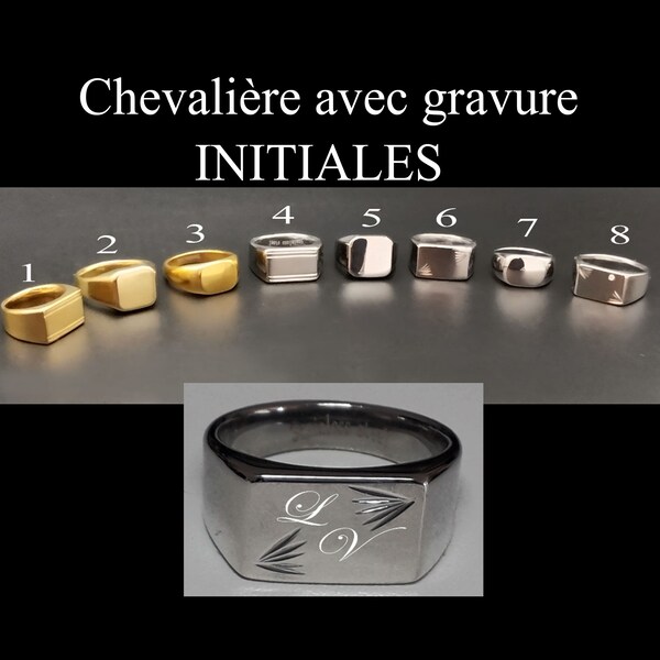 bague chevalière ACIER INOXYDABLE  avec GRAVURE initiales- acier inoxydable - argenté-8 modèles au choix