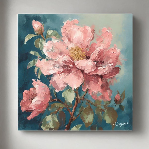 Magnifique tableau à l'huile sur toile peint à la main-fleur rose-VINTAGE- trois modèles au choix