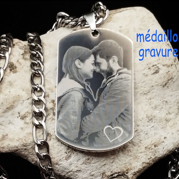 médaillon ACIER INOXYDABLE avec gravure photo en pendentif ou en porte clé -5 modèles au choix- 2 modèles de chaines