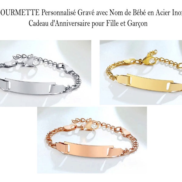 bracelet gourmette bébé enfant GRAVEE-en acier inoxydable-argenté ou rose doré-