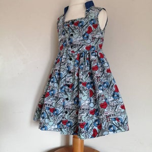 Handmade age 3 years sleeveless rockabilly dress, retro, layering, music themed cotton dress with blue lining