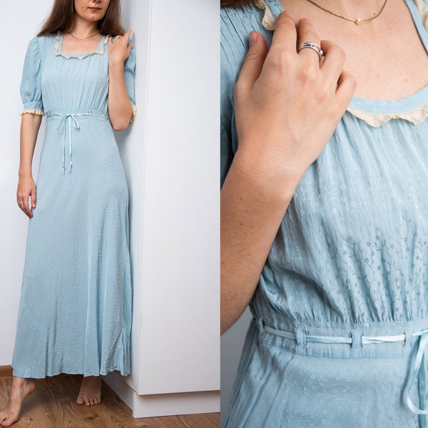 40's Delicate Vintage Baby Blue Dress with Lace Trims / Size XS