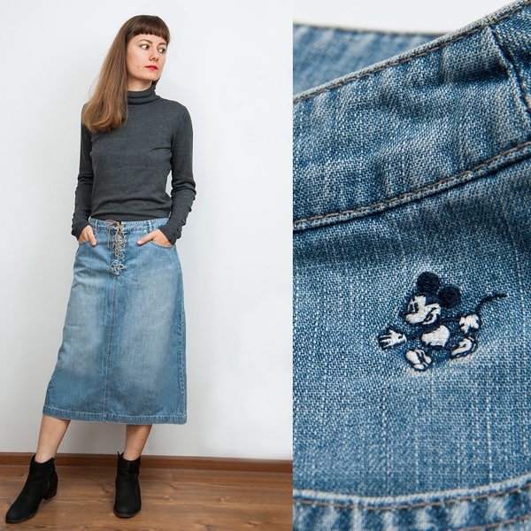 Midi Denim Skirt with Mickey Mouse Embroidery