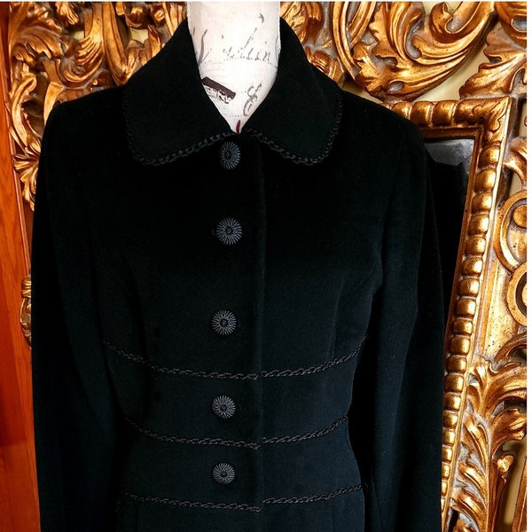 Vintage 90's Oscar de la Renta Abrigo de lana negra/angora con ribete trenzado negro