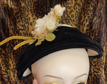 Vintage 50's Debette Gardenia Merrimac Hat Corp. Half Hat Black Velvet and White Wool