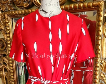 Vintage 70's L'aiglon Original Red Mod Print Maxi Dress with Belt