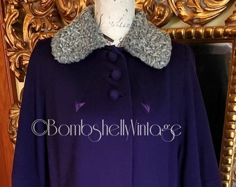 Vintage 40's Julliard Purple Wool Swing Coat with Gray Persian Lamb Collar