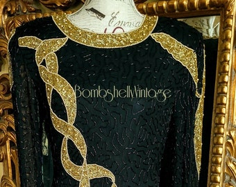 Vintage 80's Black and Gold Beaded Silk Dress