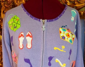 Il libro di fiabe vintage lavora a maglia il maglione cardigan a tema vacanze estive 1X New Old Stock