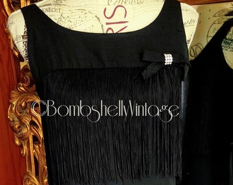 Vintage 60's Black Fringe Cocktail Dress with Rhinestone Bow Detail