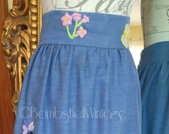 Vintage 70s Hand Embroidered Blue Maxi Skirt