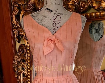 Vintage 50's Peach Cotton Fit and Flare Dress with Faggoting and Bow Detail