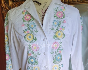 Vintage 60's Alarcons White Cotton Embroidered Pastels Shirt Dress
