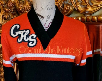 Vintage 70's Unisex Barry Orange and Black High School Wool Sweater