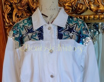 Vintage 90's I.B. Diffusion White Denim Jacket with Sequin Stars