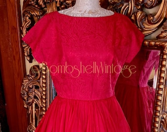 Vintage 50's Red Brocade and Chiffon Party Dress