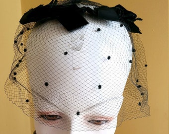 Vintage 60&#39;s Black Net Whimsey Veil with Black Velvet Bows