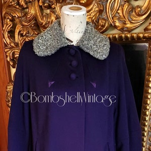 Vintage 40's Julliard Purple Wool Swing Coat with Gray Persian Lamb Collar image 1