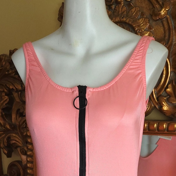 Vintage 80's Coral Pink Zip Front Tank Bathing Suit