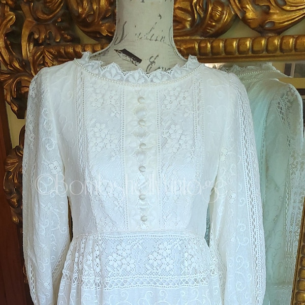 Vintage 70's Emma Domb White Lace Cottage-Core Maxi Dress