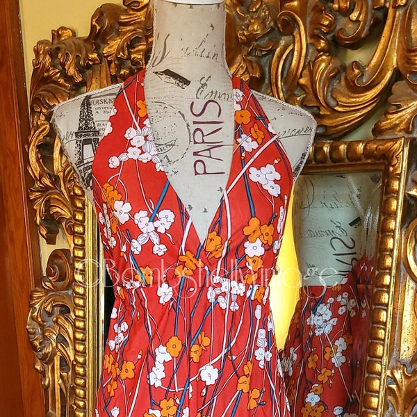 Vintage 70's Fritzi Red Floral Halter Night Gown