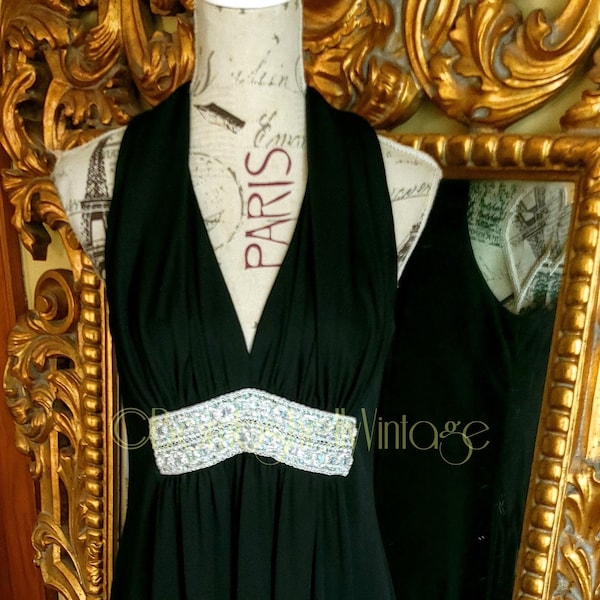 Vintage 70's Julie Miller Black Goddess Gown with Metallic Trim