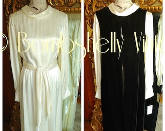 Vintage 60's White Satin Palazzo Jumpsuit and Long Black Velvet Vest